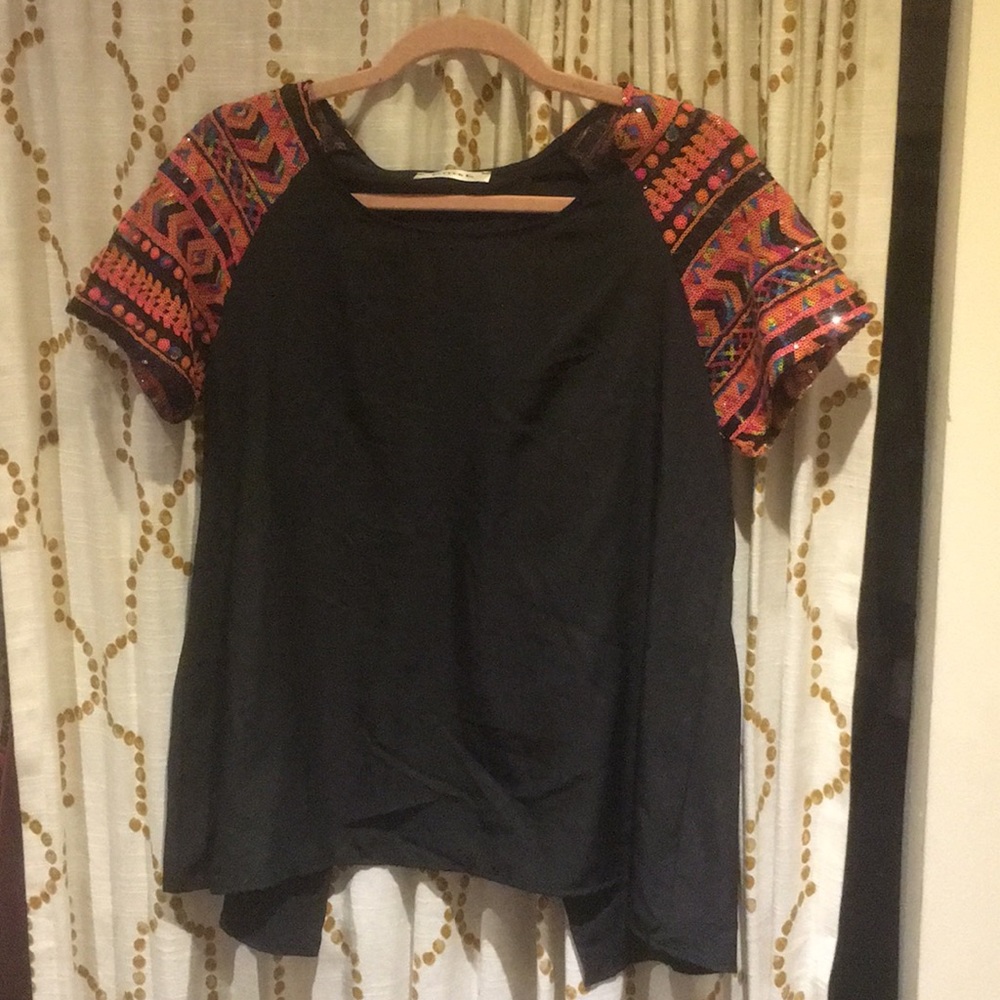 Sequin-Sleeve silk T-shirt